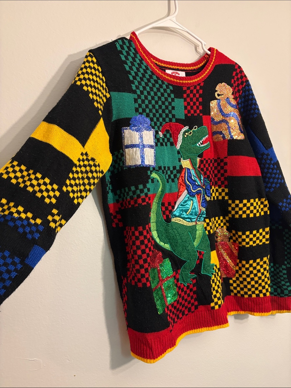 Ugly Christmas Dino Patch Multicolor Checker Sweater - Picture 8 of 11